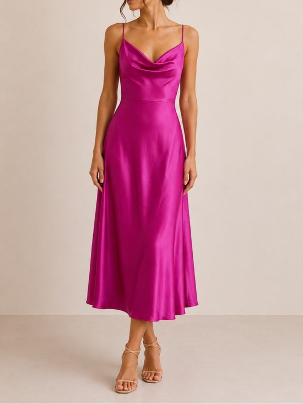 Runaway The Label Magenta Satin Midi Dress Draped Front Cowl Neck Slip Formal - Picture 1 of 9